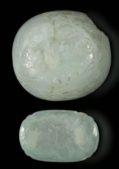 Coppia di Placche in Giada di Forme Diverse con Decori Incisi e a Rilievo, Cina, Dinastia Qing, X...