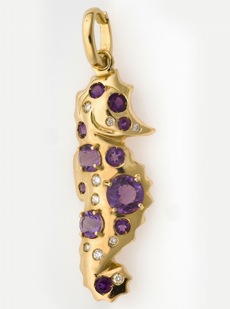 Amethyst, diamond and gold pendant  - Auction Jewels Timed Auction - Cambi Casa d'Aste