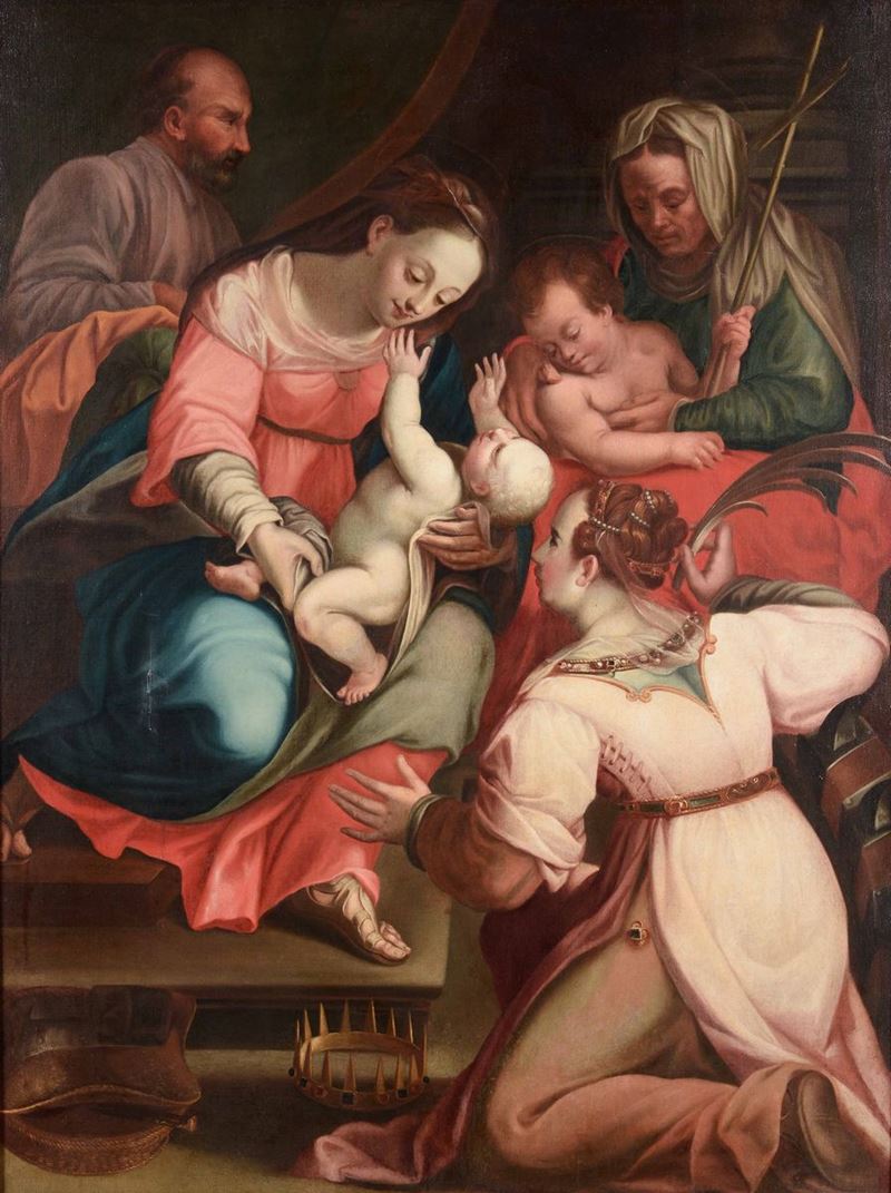 Scuola bolognese del XVI secolo Sacra Famiglia e Santi  - Auction Old Master Paintings - Cambi Casa d'Aste