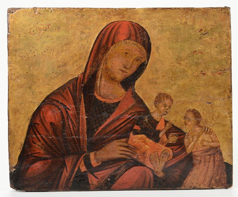 Icona lignea raffigurante Madonna con Bambino e San Giovanni, XIX secolo  - Asta Asta a Tempo Arredi e Antiquariato - V - Cambi Casa d'Aste