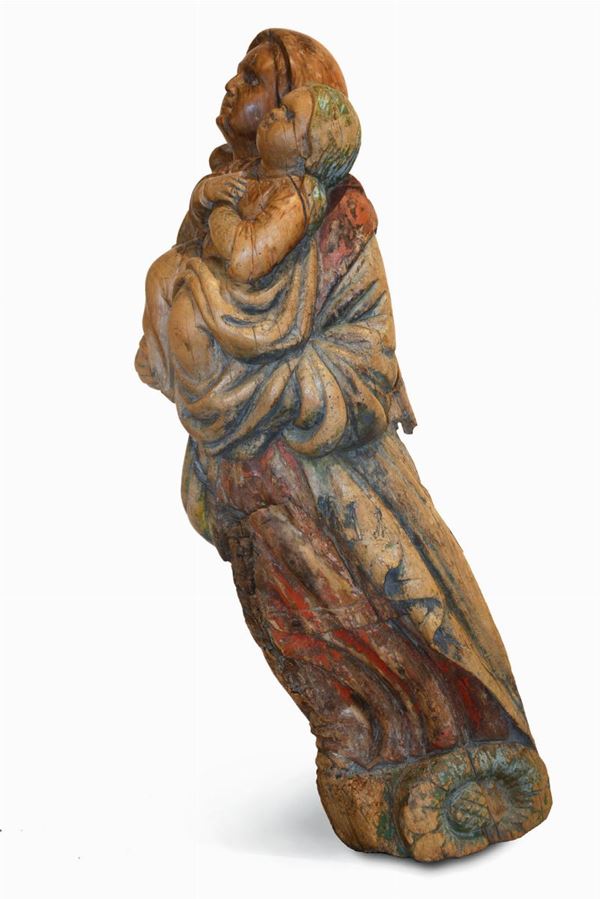 Polena in legno raffigurante Sant'Anna con in braccio Maria Bambina, XVII-XVIII secolo
