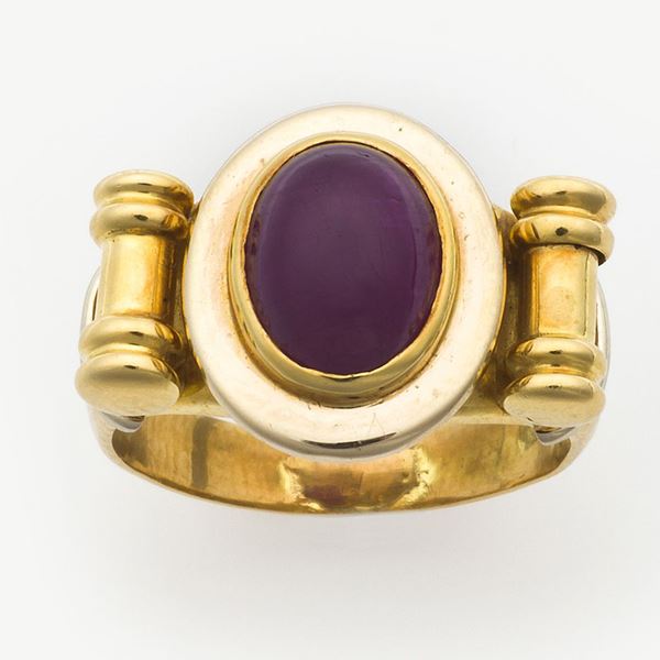 Cabochon ruby, enamel and gold ring