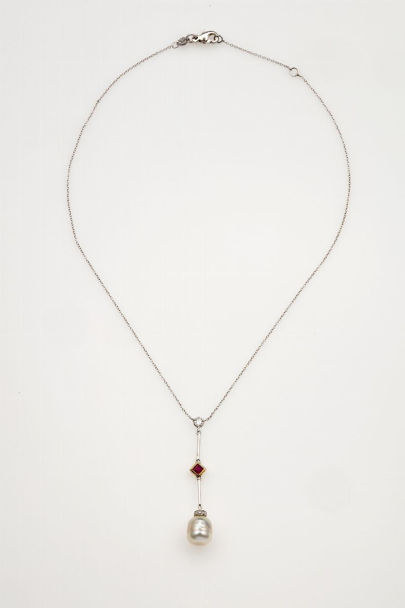 Cultured pearl, diamond and ruby necklace  - Auction Jewels - Cambi Casa d'Aste