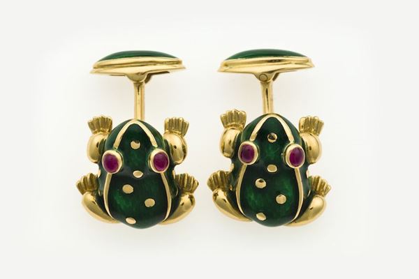 Pair of enamel and ruby cufflinks. Signed Palmerio