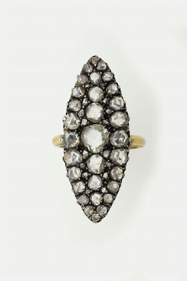 Rose-cut diamond, gold and silver ring