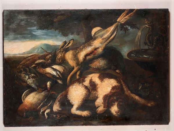 Baldassarre De Caro (Napoli 1689-1750), cerchia di Natura morta con selvaggina e cane