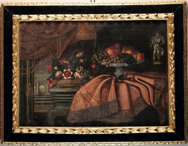 Scuola dell'Italia centrale del XVII secolo Natura morta con drappi, frutta e fiori