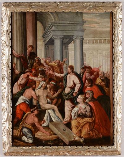 Scuola Veneta del XVII Secolocoppia di Dipinti Raffiguranti Resurrezione di Lazzaro e Interno di ...