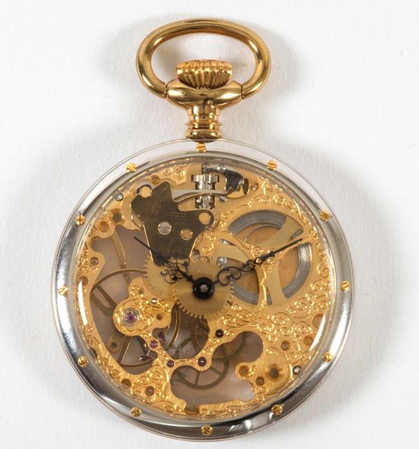 Odette Watch. Orologio da tasca, in acciaio, con movimento a vista. Realizzato nel 1980 circa. Accompagnato dalla scatola originale