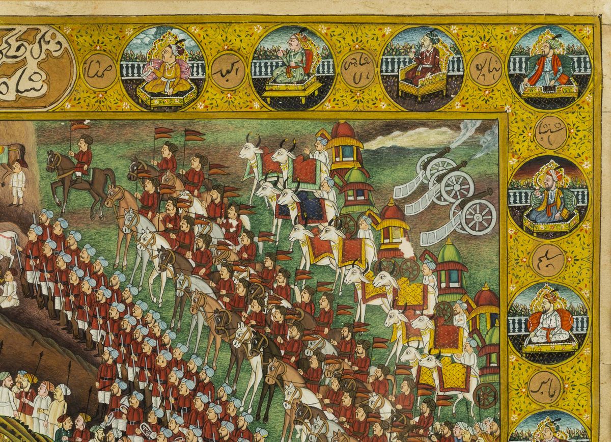 Miniatura su Carta Raffigurante Corteo con Personaggi a Cavallo ed Elefanti, India, XIX Secolo