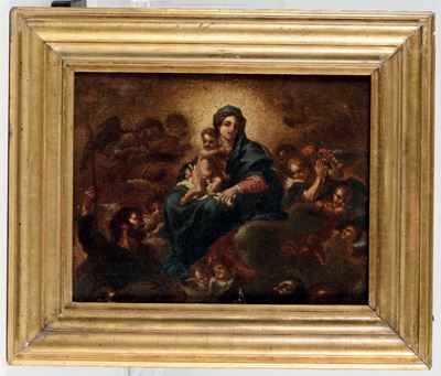 Carlo Antonio Carlone (1635 - 1708), Attribuito Amadonna con Bambino con Figure di Santi e Angeli