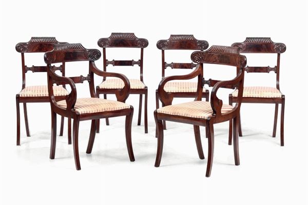 Gruppo di quattro sedie e due poltrone in mogano, XIX secolo