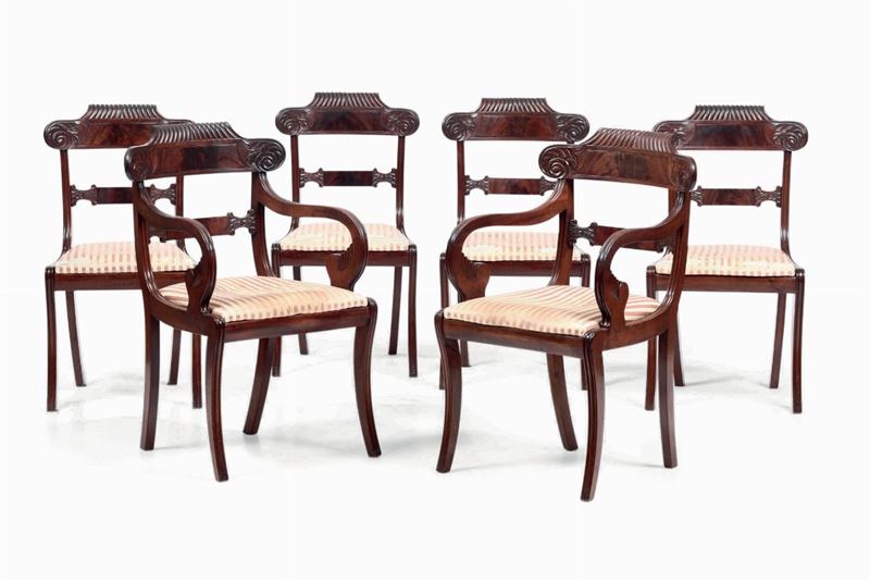 Gruppo di quattro sedie e due poltrone in mogano, XIX secolo  - Asta Antiquariato - Cambi Casa d'Aste