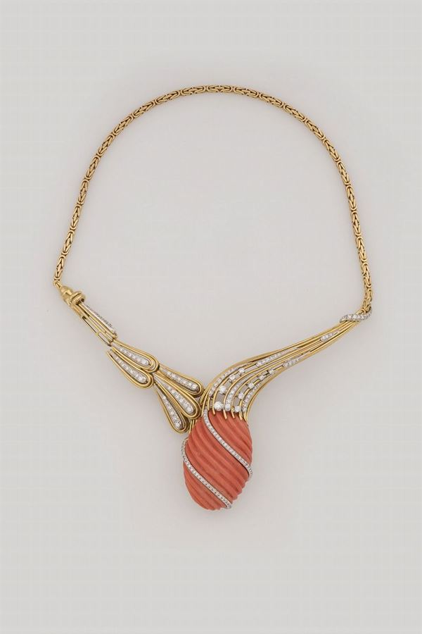 Carved coral and diamond necklace