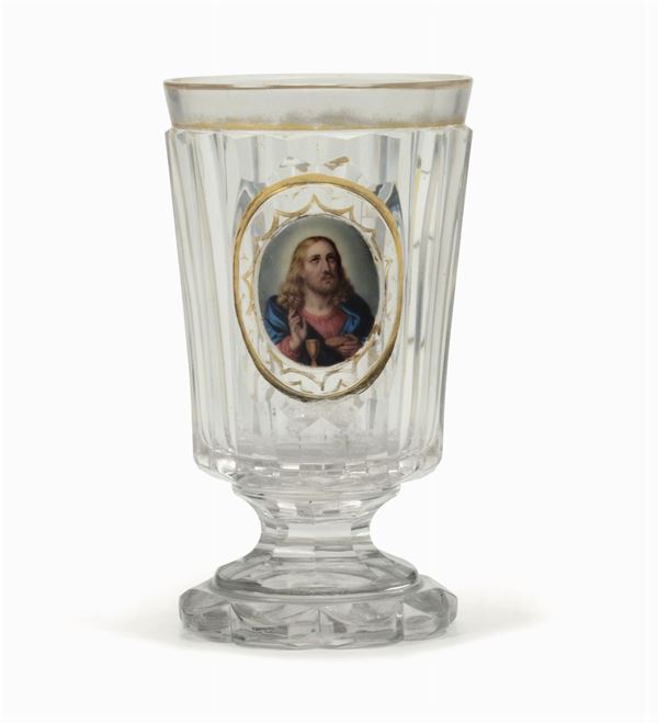 Bicchiere in vetro decorato con Cristo, Europa centrale, Biedermeier XIX secolo