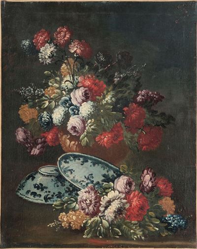 Francesco Lavagna (1684 - 1724)nature Morte con Fiori e Porcellane