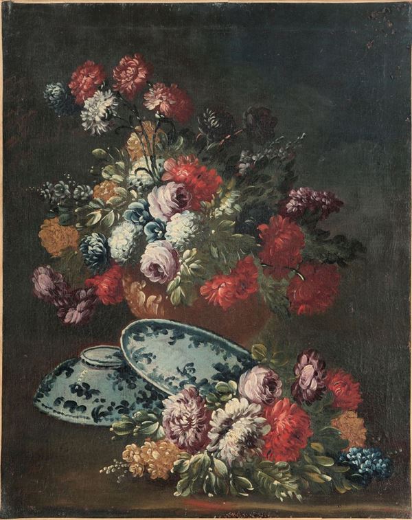 Francesco Lavagna (1684 - 1724) Nature morte con fiori e porcellane