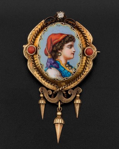 Spilla con Miniatura, Corallo e Rosa di Diamante