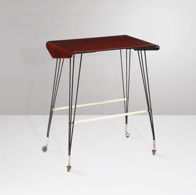 Carrello con Struttura in Metallo Laccato e Compensato Curvato. Dettagli in Ottone.