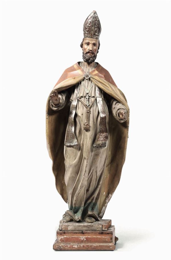 Figura di Vescovo in legno dipinto. Italia, fine del XVIII secolo