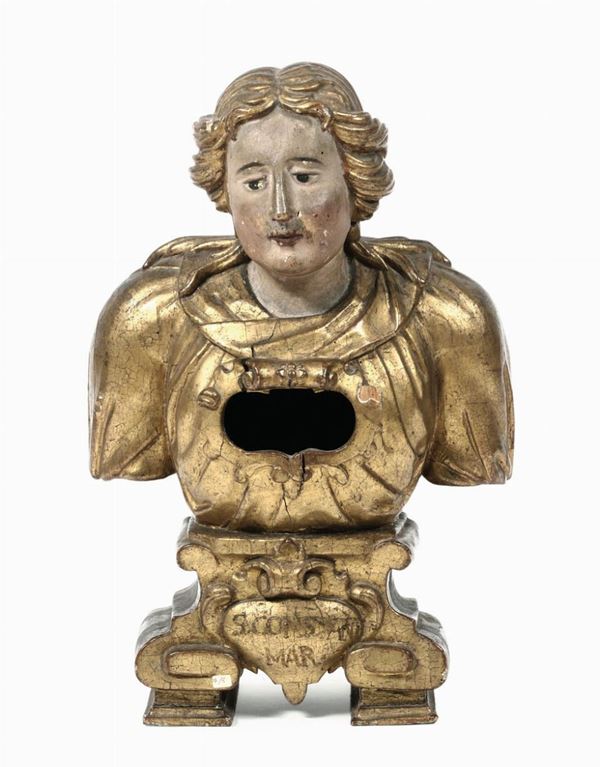 Busto reliquiario in legno scolpito, dipinto e dorato, XVIII secolo