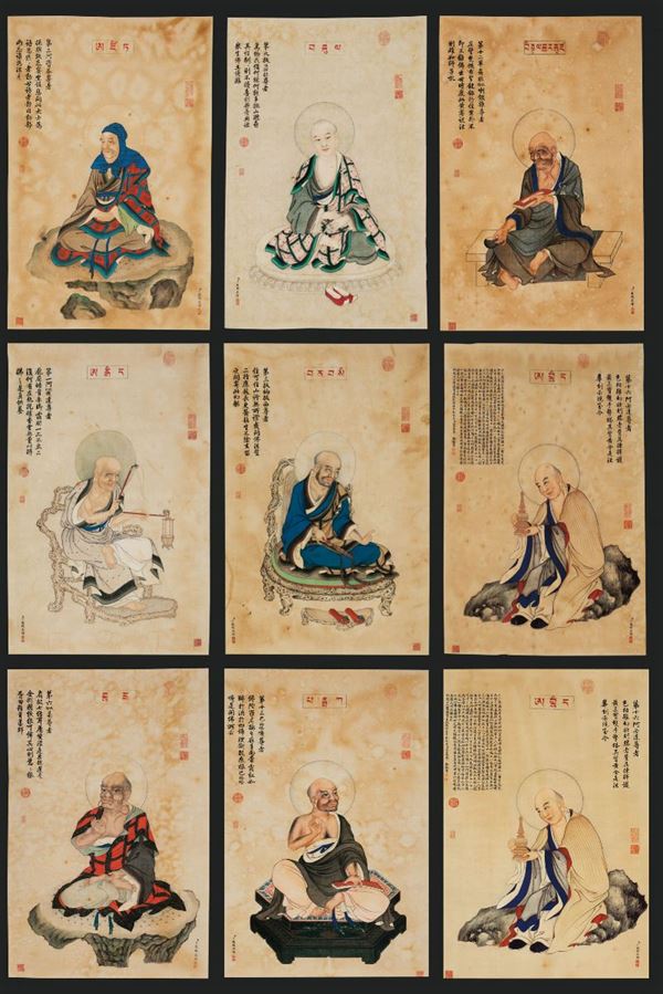 Nove dipinti su seta raffiguranti saggi con iscrizioni, Cina, metà XIX secolo