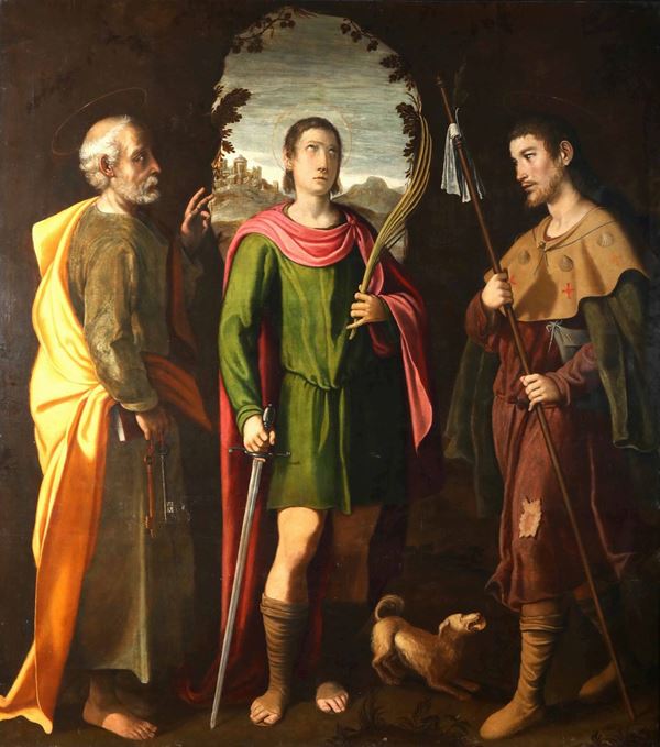 Scuola del XVI secolo San Paolo tra i santi Pietro e Rocco