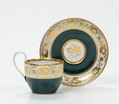 Tazza Pseudo Vienna in Porcellana, Decoro Verde e Oro, XX Secolo