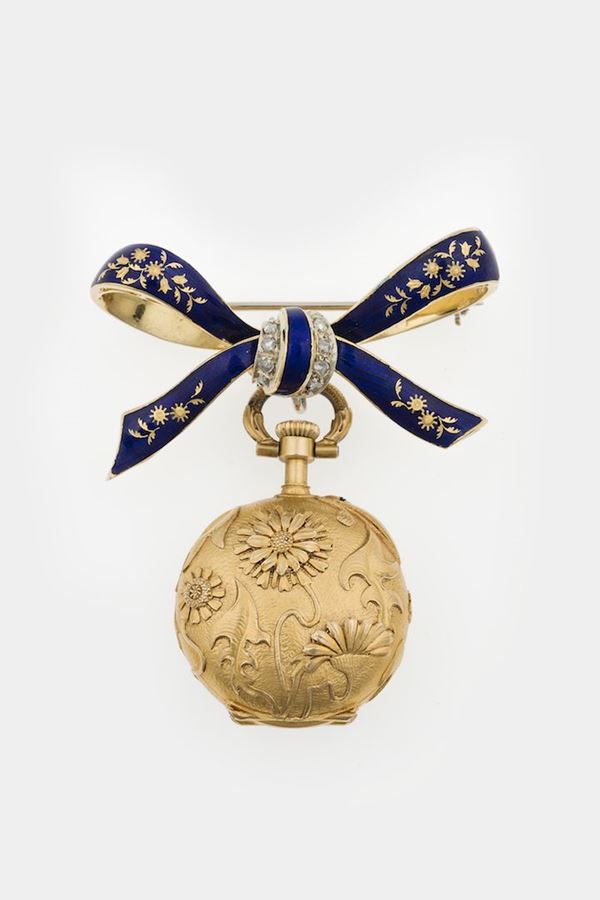 Enamel and diamond brooch with pocket watch
