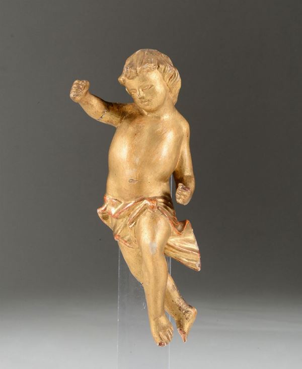 Piccolo angioletto in legno intagliato e dorato, XIX-XX secolo