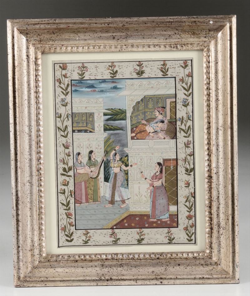 Dipinto su seta raffigurante festeggiamenti, Asia minore XIX secolo  - Asta Antiquariato - Cambi Casa d'Aste