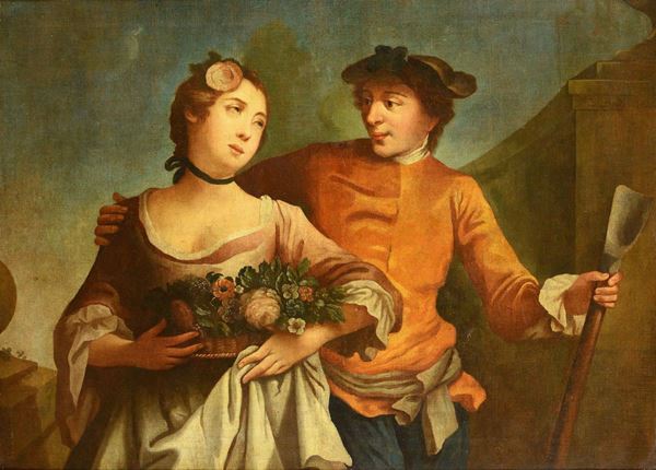 Felice Boscarati (1721-1807) Donna con cesto di fiori e un uomo che l'abbraccia