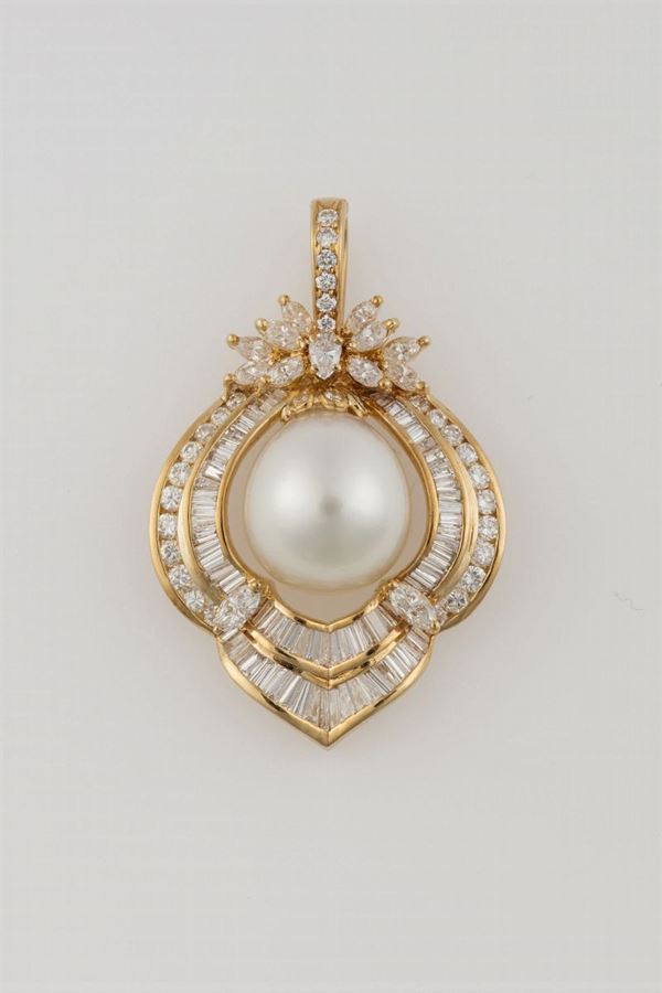 Cultured pearl and diamond pendent