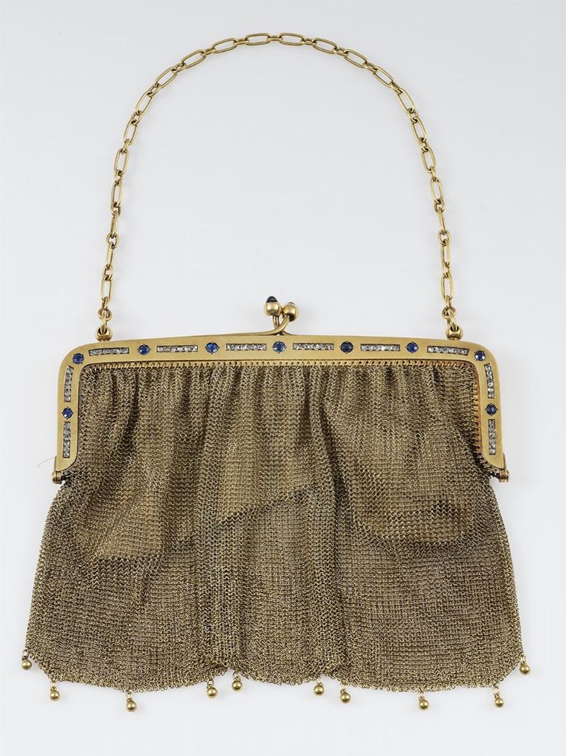 Gold evening mash bag with diamond and sapphire. Signed G. Confalonieri  - Auction Fine Jewels - Cambi Casa d'Aste