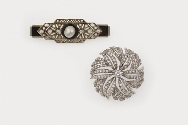 Two gold, diamond and pearl brooches