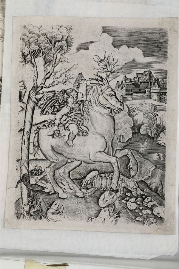 Monogrammista AF Bel foglio inciso all'acquaforte e bulino di anonimo autore di area tedesca o fiamminga..raffigurante un inedito Bacco a cavallo che calpesta un drago..