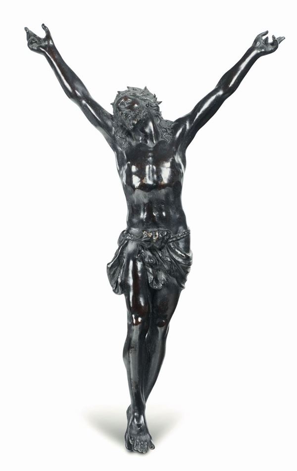 Corpus Christi in bronzo fuso, cesellato e patinato, fonditore barocco italiano o francese del XVII-XVIII secolo