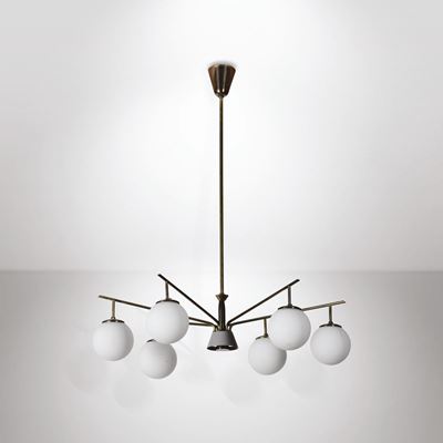 Lampada a Sospensione con Struttura in Ottone, Ottone Laccato e Diffusori in Vetro Opalino.