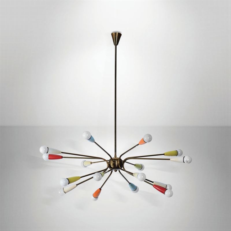 Lampada a sospensione con struttura in ottone e metacrilato colorato.  - Auction Design - Cambi Casa d'Aste