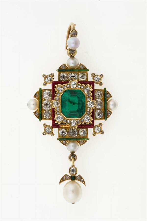 Emerald, pearl, enamel and old-cut diamond pendant