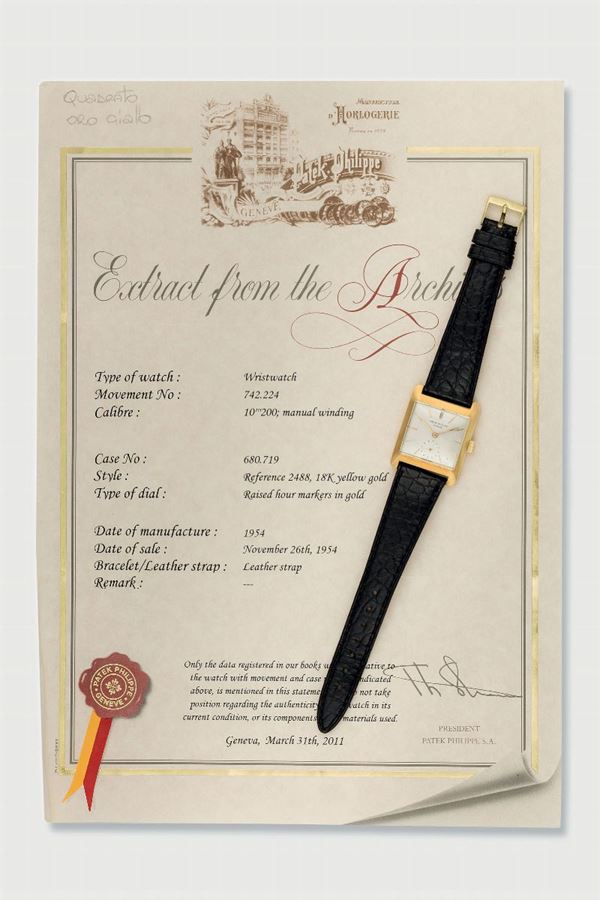 Patek Philippe & Co., Genève, case No. 680719, Ref. 2488. Very fine and rare, square, 18K yellow gold wristwatch with a  gold buckle. Made circa 1954.