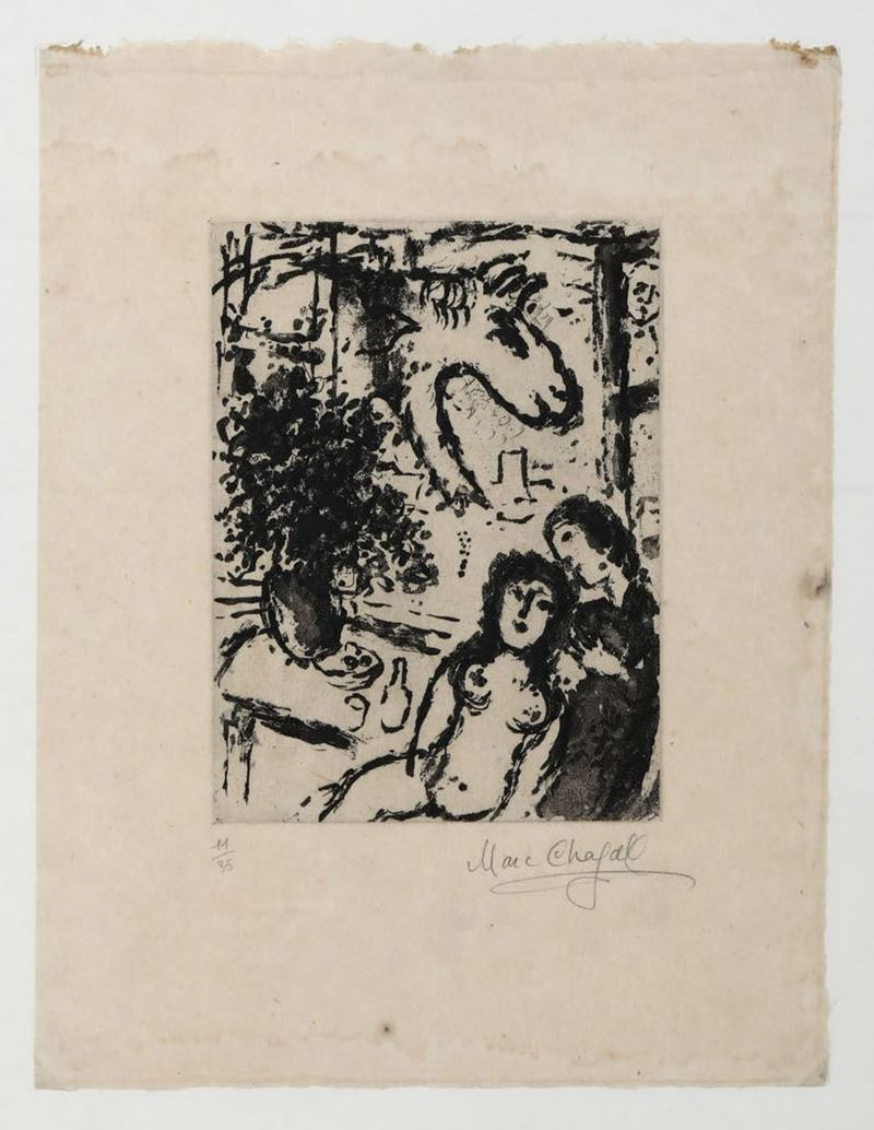 Marc Chagall Coppia di amanti con vaso di fiori. Ginevra Cramer. S.D.  - Asta Vedute, Carte e Libri Rari - Cambi Casa d'Aste