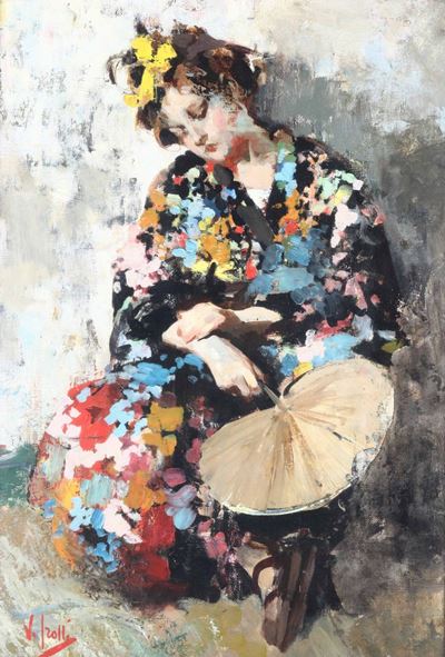 Vincenzo Irolli (napoli 1860-1949)dama con il Ventaglio