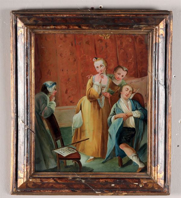 Scuola veneta del XVIII secolo Scena goliardica con dame e gentiluomo