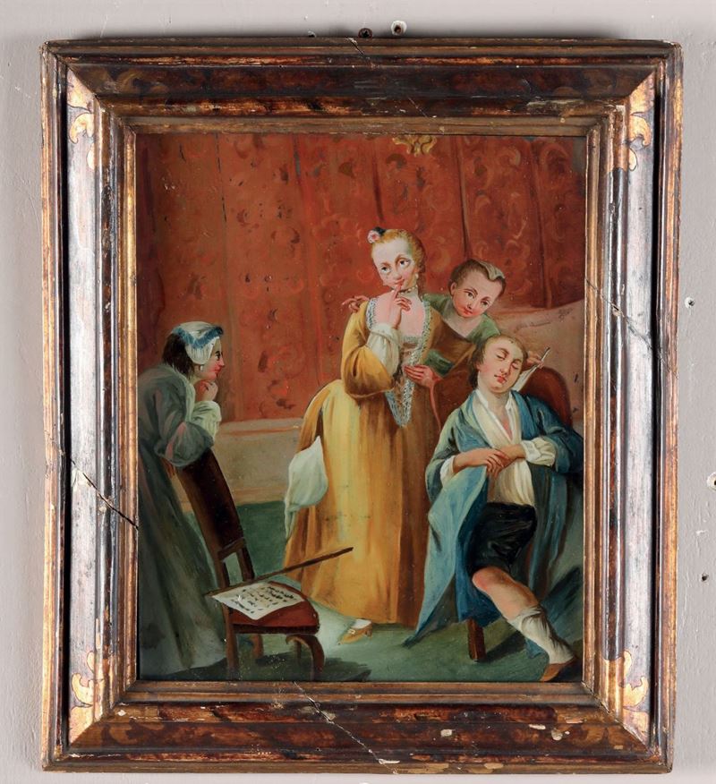 Scuola veneta del XVIII secolo Scena goliardica con dame e gentiluomo  - Auction Fine Art - Cambi Casa d'Aste