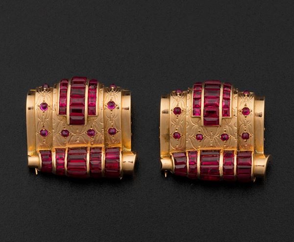 Pair of ruby and gold clips. French marks