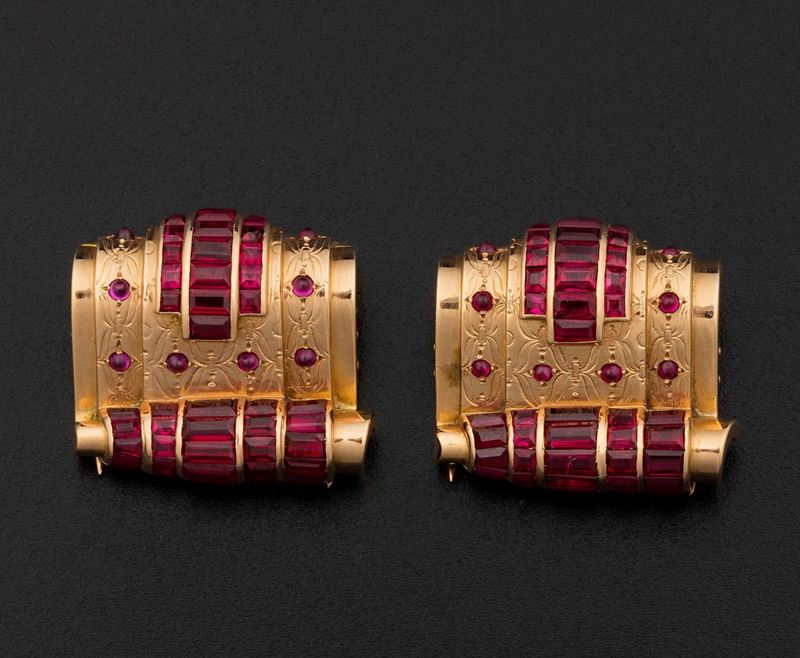 Pair of ruby and gold clips. French marks  - Auction Fine Coral Jewels - I - Cambi Casa d'Aste
