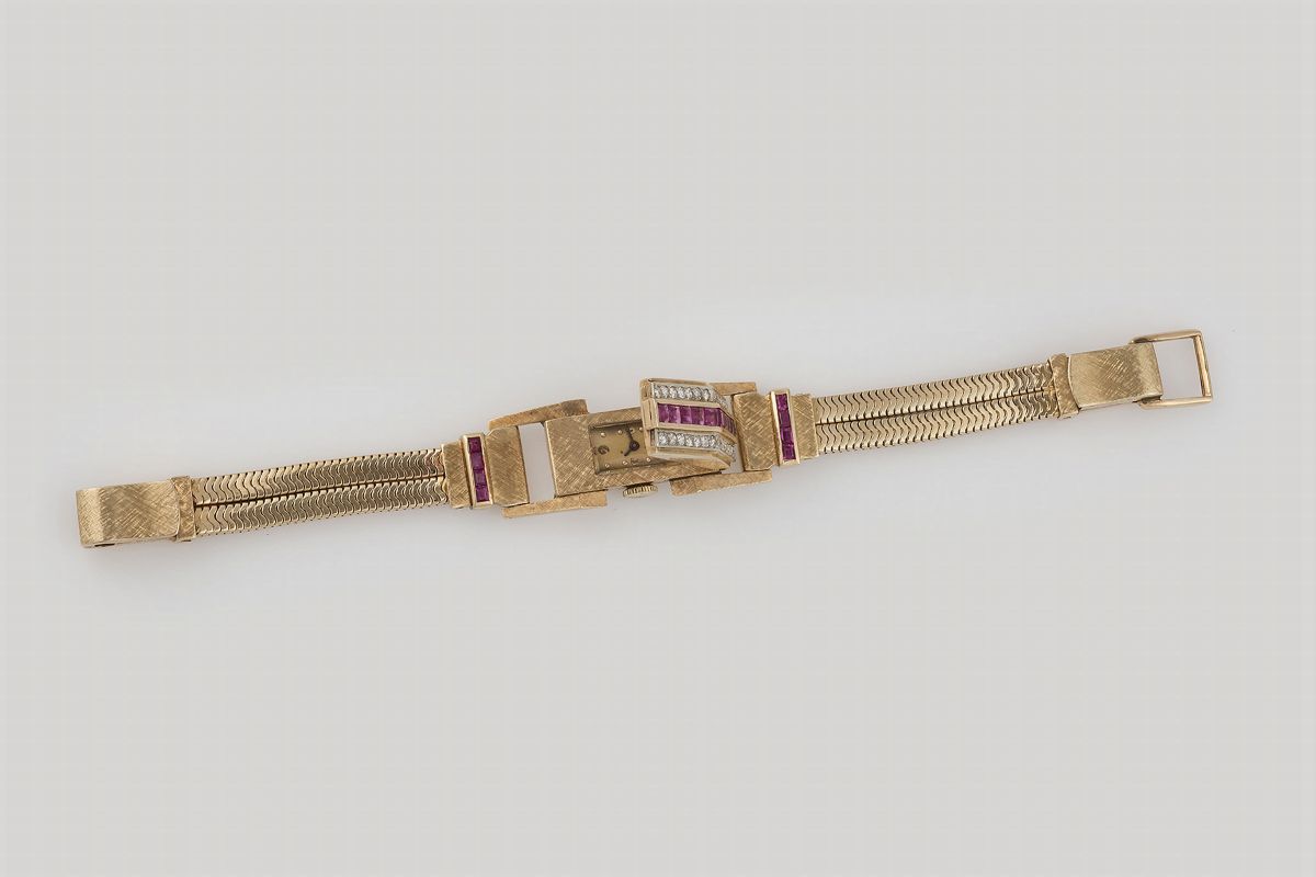 Bracciale con Orologio a Scomparsa con Diamanti e Rubini Sintetici