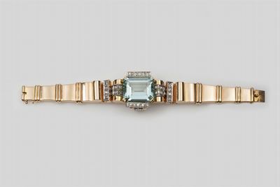 Bracciale con Grande Acquamarina e Diamanti di Vecchio Taglio