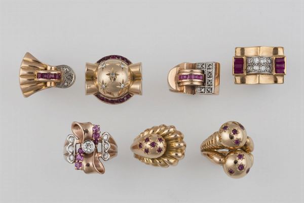 Seven gold, diamond, ruby and synthetic ruby rings